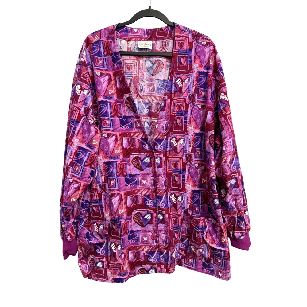 Peaches Uniforms Heart Awareness Print Scrub Jacket Purple Pink 3X Medical